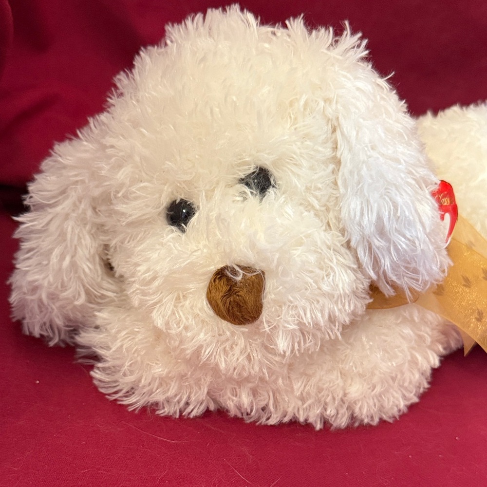 Ty White Shaggy Stuffed Dog with Gold Bow “Rabble” - Picture 2 of 9